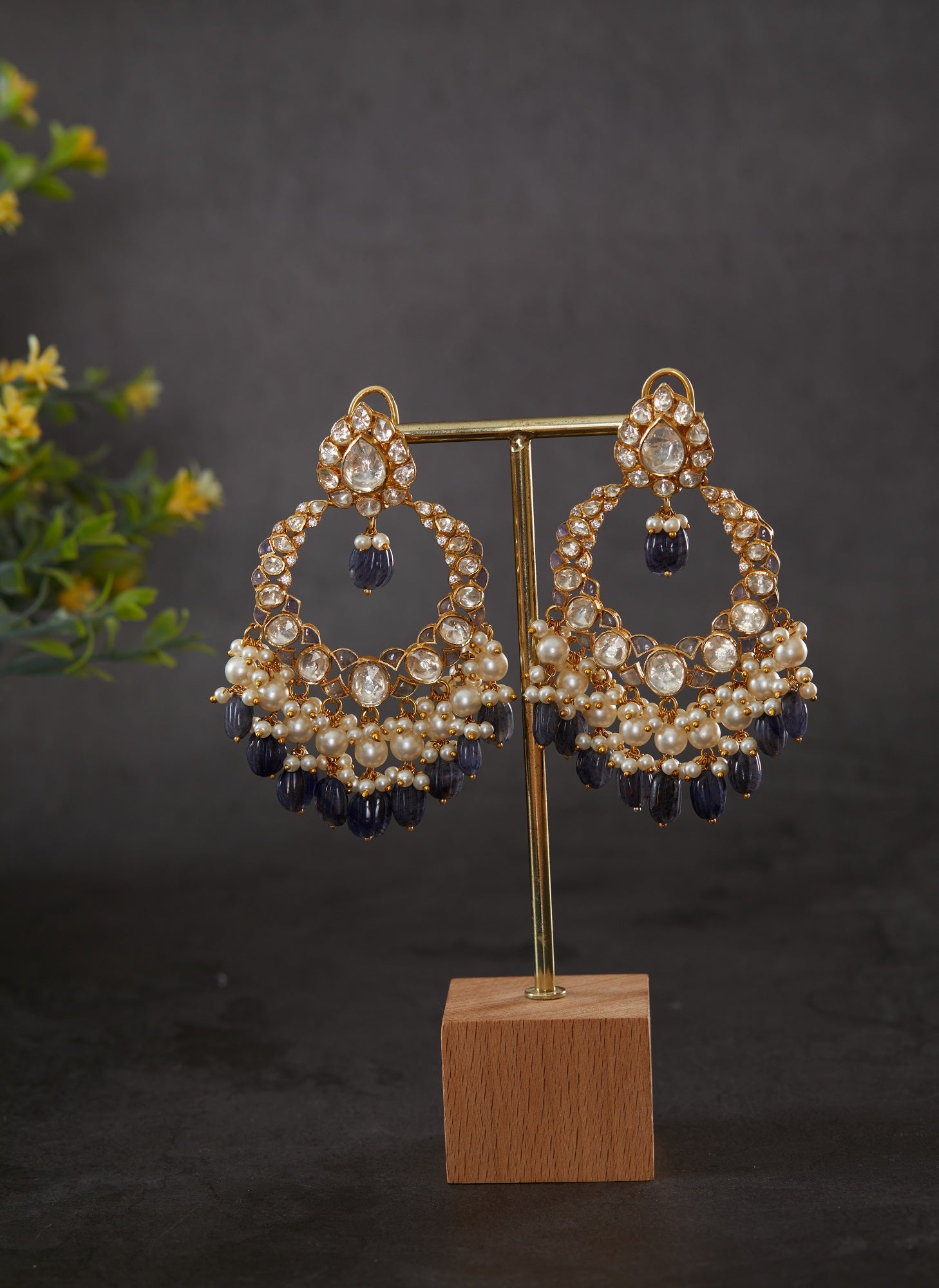 gold Plated Vellore Polki Chaandbali Earring with Pearls and Tanzanite