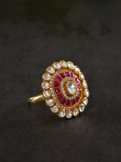 Gold Plated Silver Vellore Polki Oval Motif Ring with Red Utrai set in 92.5 Silver by kaari