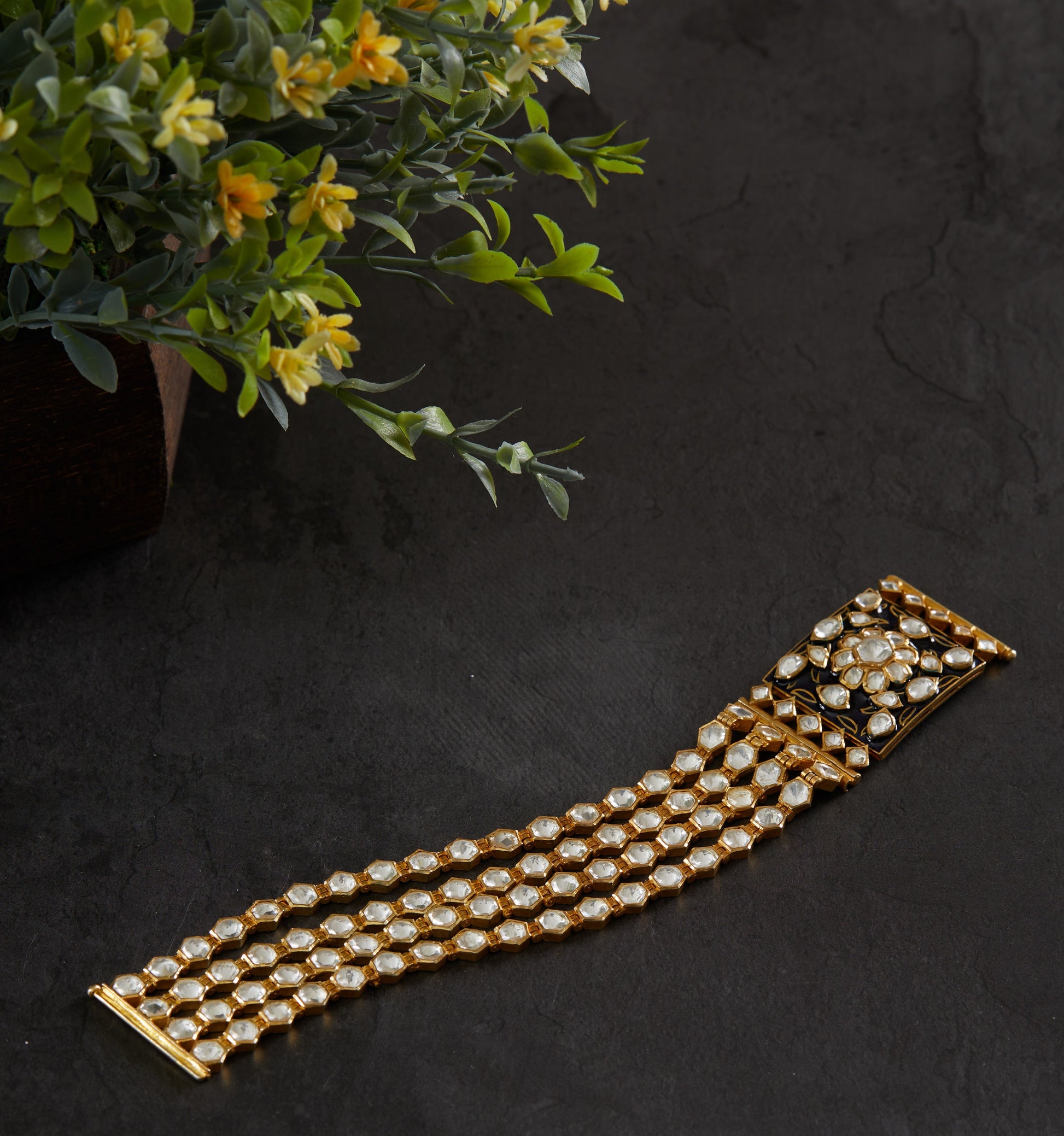 Gold Plated Silver Vellore Polki Loose Bracelet with Blue Enamel.