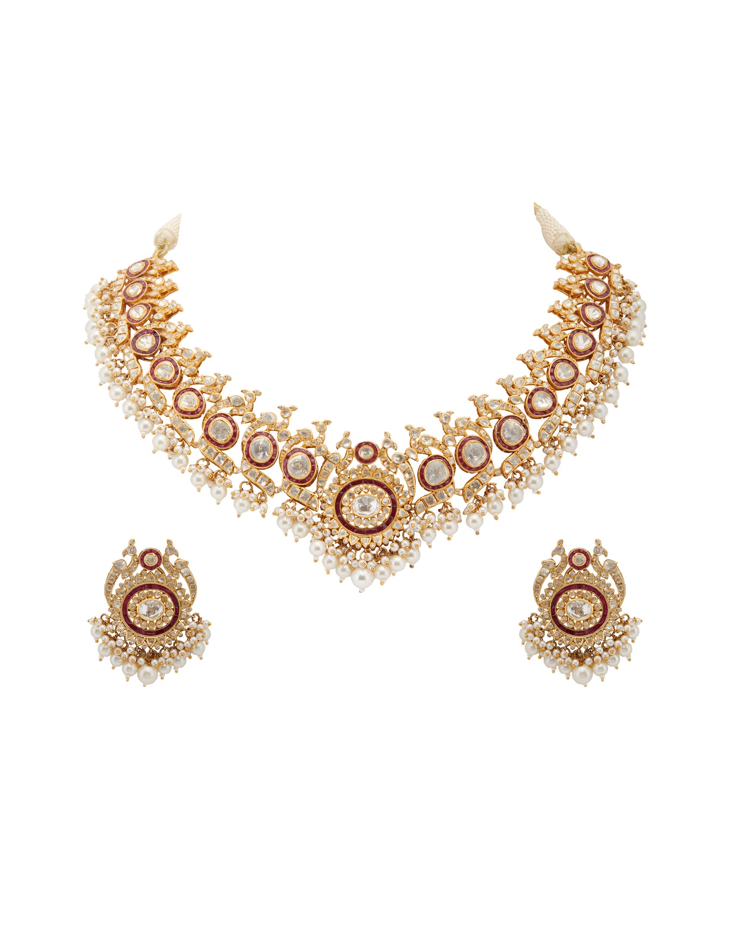 Gold Plated Silver Moissanite Polki & Dia Necklace Set With Red Utrai Bird Motif and Pearls Drops.
