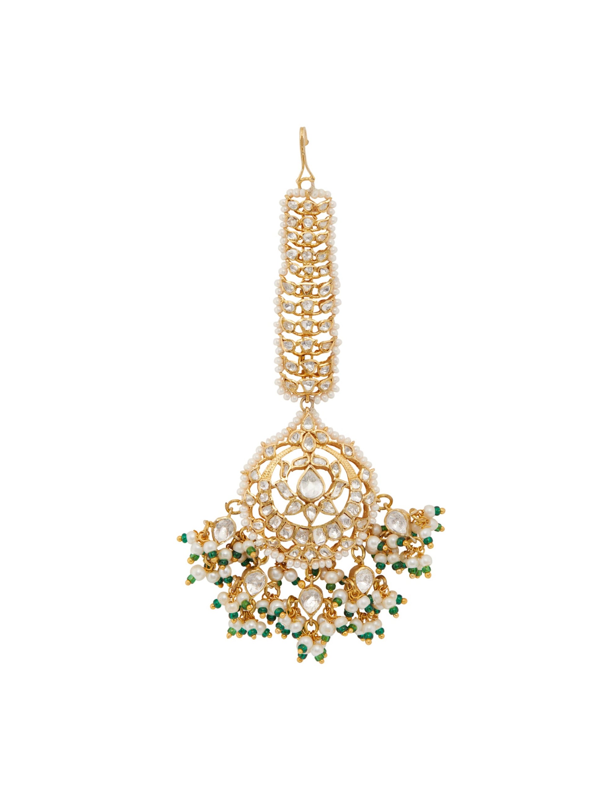 18kt Gold Plated Vellore Polki Maangteeka with Fresh Water Pearls and Green Beads set in 92.5 Silver 