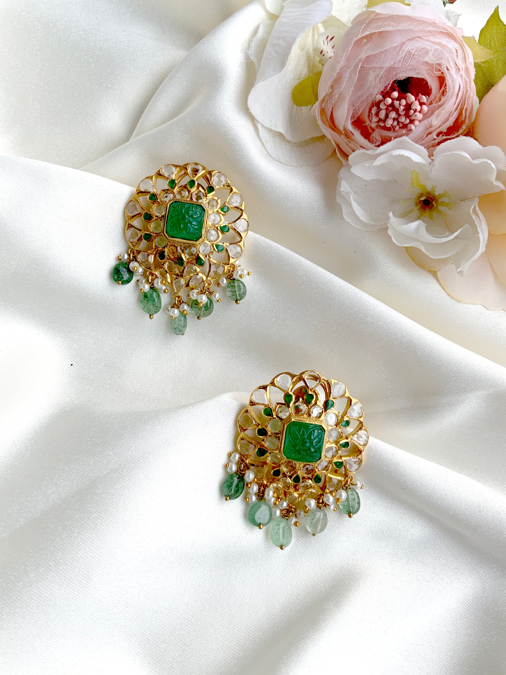 Green Carved Stone Open Set Studs