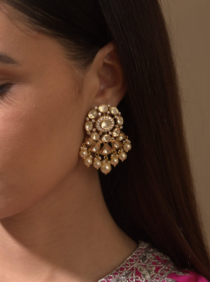 Gold Plated Polki & Pearls Earrings